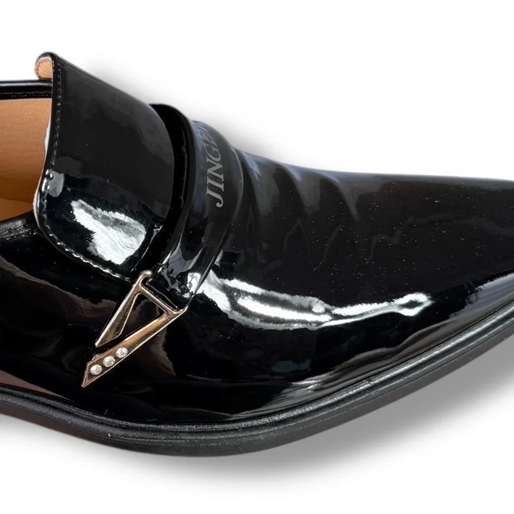 NIB JINGPIN Mens Black Patent Leather Dress Shoes Slip On Loafers Sz 8 US 42 EU